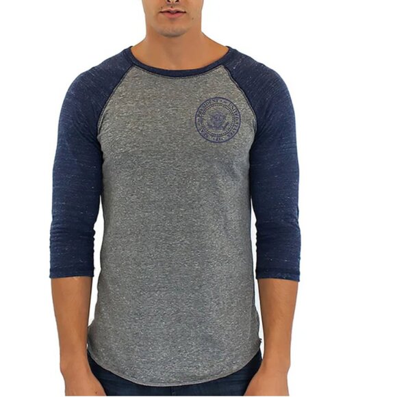 George W. Bush heather grey and navy 3/4 sleeve cotton men's shirt, size X-Small - Picture 1 of 7